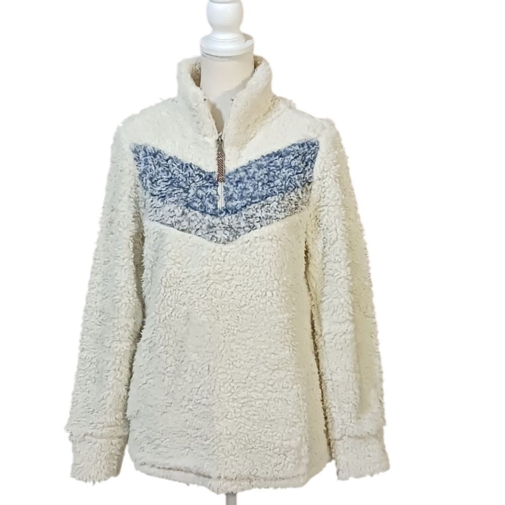 Weatherproof Cozy Fleece Teddy Jacket Pullover Cream and Blue Size S/CH New